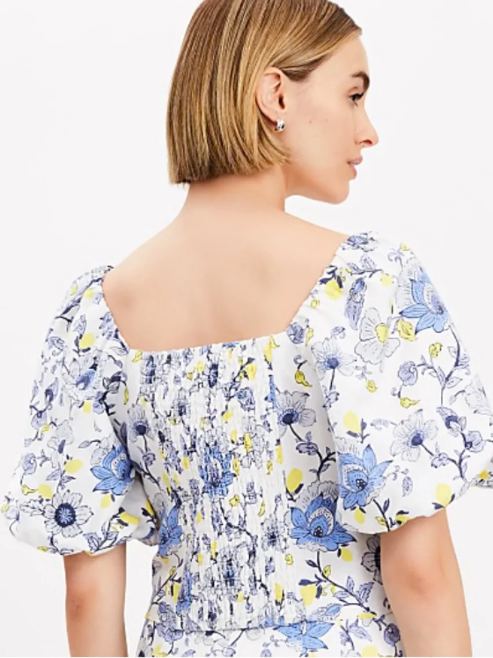 Loft  Floral Puff-Sleeve Top - White/Blue/Yellow Crop, NWT  Sz 00 Casual